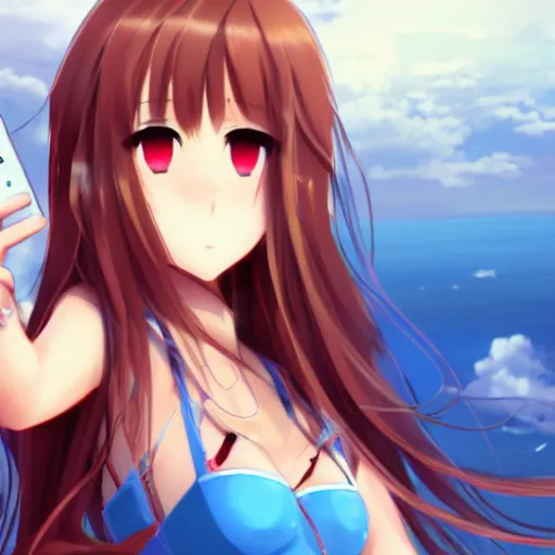 Prompt: a very beautiful young yuuki asuna taking a selfie on 9 / 1 1, full body, long wavy hair, sky blue eyes, full round face, bikini, miniskirt,, cinematic wallpaper