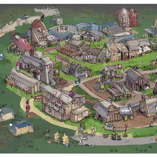 Prompt: a town map with town hall and playground, artstation, concept art, ghibli