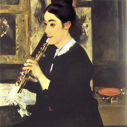 Image similar to an oil painting of a woman flute player by Manet