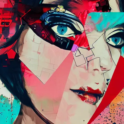 Prompt: Roman cyberpunk Goddess, collage, minimal style, digital painting, 4k, HDR, AI, fashion, smooth, sharp focus, art by Sandra Chevrier, John Hoyland, teamLab