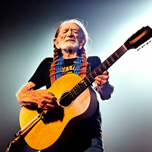 Image similar to willie nelson on stage, detailed, guitar. god rays through fog.