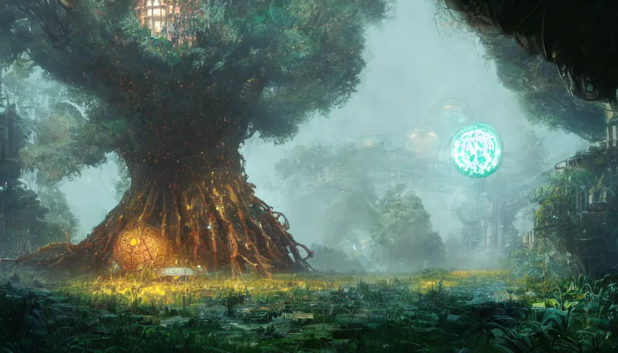 Prompt: craig mullins and ghibli digital illustration of colossal tree inside rapture, bioshock concept art, glass dome, solarpunk, colorful, unreal engine, hyper realism, realistic shading, cinematic composition, realistic render, octane render, detailed textures, photorealistic, wide shot