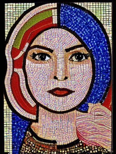 Prompt: a tile mosaic of a turkish woman made from beautiful turkish tile patterns