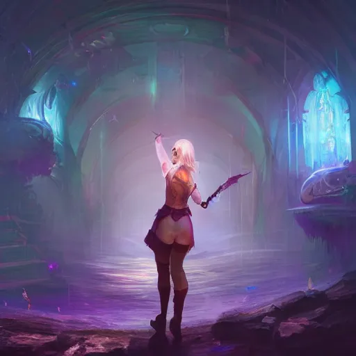 Image similar to Long Shot of ciri in mysterious astral temple jumpin with pistol in river of chromatic SPIRITS , beautiful, dmt, trending on artstation, omnious, soft, hypermaximalistic, high details, cinematic, 8k resolution, artwork by Wong, Liam