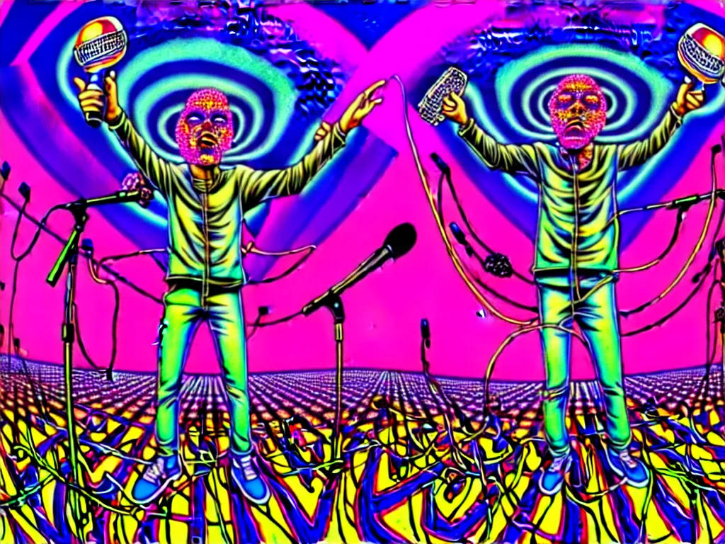 Image similar to rapping on stage at festival, holding microphone, giant crowd, epic angle, happy, psychedelic, hip hop, surreal, neon, vaporwave, detailed, illustrated by Alex Grey, 4k