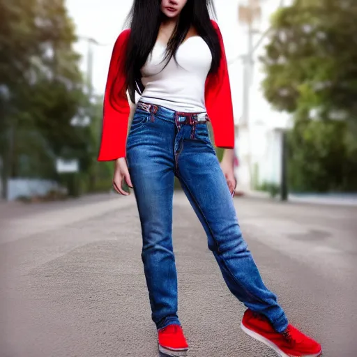 Prompt: 3 d octane render character design of a latina cute girl using tight white and red raglan sleeves with tight blue jeans and cool shoes, having silky long black hair with bangs