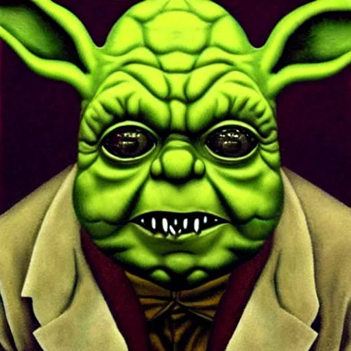 Prompt: zombie yoda, yoda as a zombie, rene magritte, zombified, scary, surreal