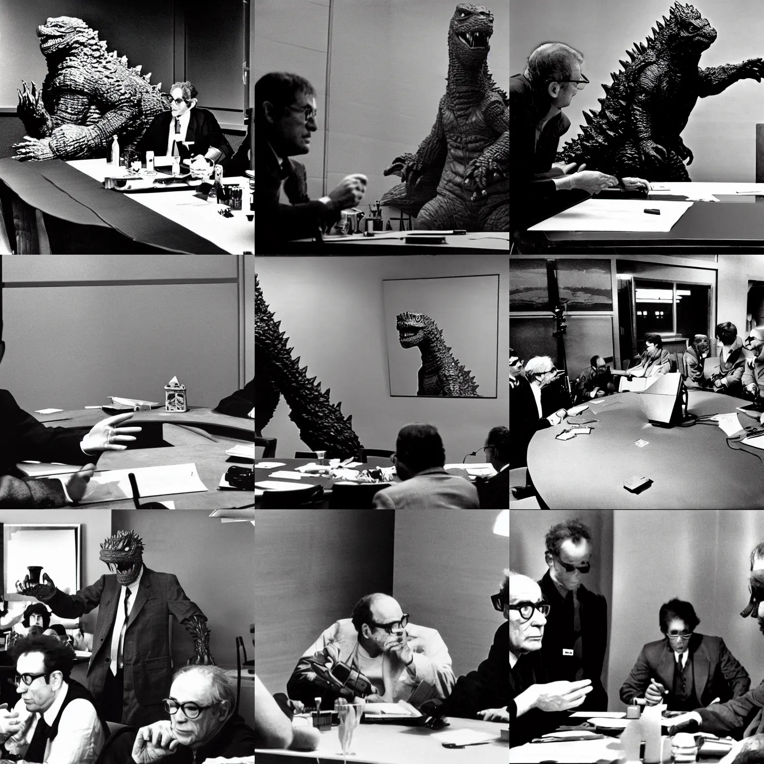 Prompt: godzilla is seated at a conference table with a mike and jean - luc godard. jean - luc godard and godzilla are both answering questions. godzilla is a big monster with scraps. award winning photography in black and white