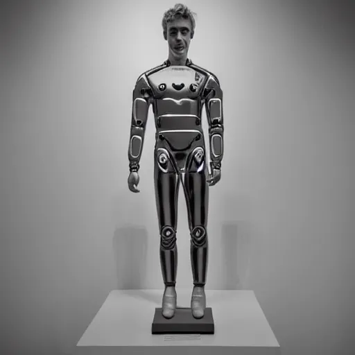 Image similar to “a realistic detailed photo of a guy who is an attractive humanoid who is half robot and half humanoid, who is a male android, British diver Jack Laugher, shiny skin, posing like a statue, blank stare, at the museum, on display”