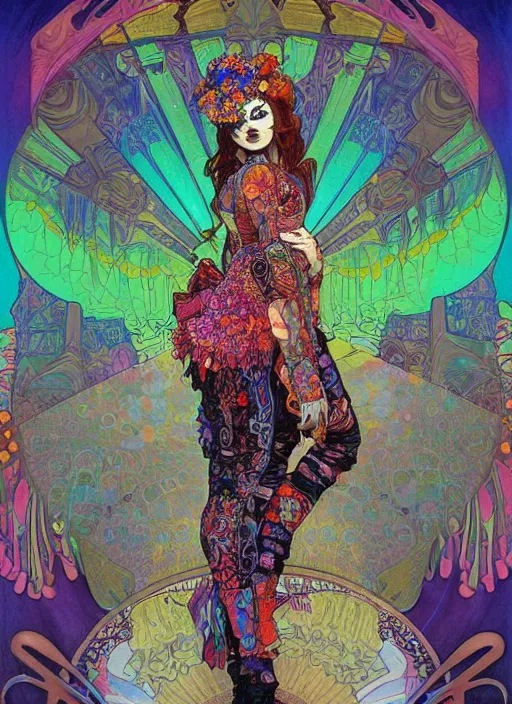 Image similar to realistic detailed psychedelic poster art of a cute punk goth fractal Día de los Muertos girl posing by Victor Moscoso Rick Griffin Alphonse Mucha Ayami Kojima Amano Charlie Bowater, masterpiece