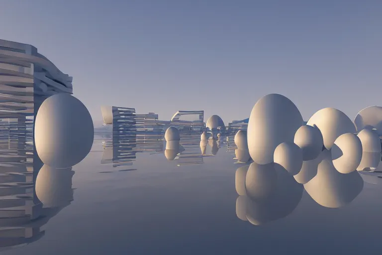 Image similar to 2 0 white round egg shaped buildings are combined to form a post - modern building, by pierre bernard, on the calm lake, people's perspective, future, interior wood, dusk, unreal engine highly rendered, global illumination, radial light, internal environment