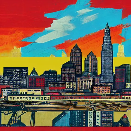 Prompt: landscape of cleveland skyline by Shepard Fairey, concept art, photo realistic, high resolution, contrast, colorful, rainbow