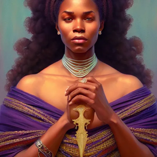 Prompt: portrait of an african american goddess, half body, perfect face, intricate, elegant, highly detailed, digital painting, artstation, concept art, smooth, sharp focus, illustration, art by artgerm and greg rutkowski and alphonse mucha