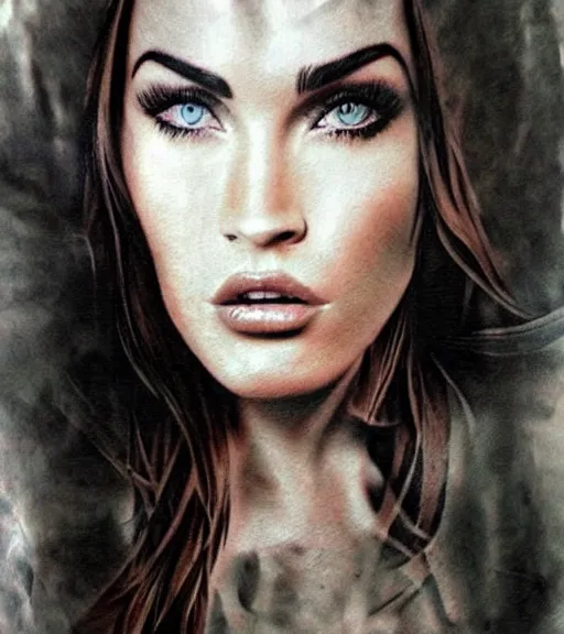 Prompt: realism tattoo sketch of a megan fox face double exposure photoshop with mountain scenery, in the style of matteo pasqualin, amazing detail, sharp, faded