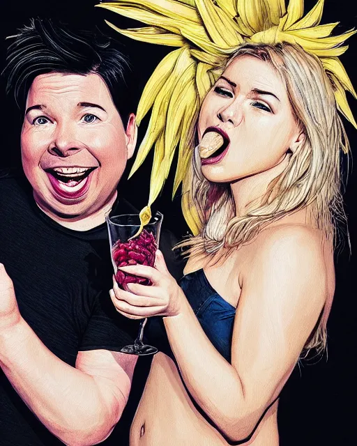 Image similar to A drunk Michael Mcintyre with a blonde woman eating pineapple in a nightclub,real life skin, intricate, elegant, highly detailed, artstation, concept art, smooth, sharp focus, photo