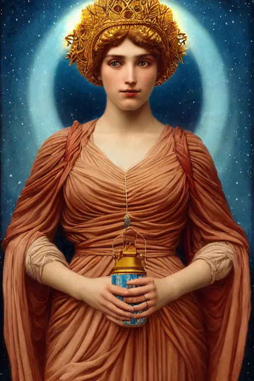 Image similar to queen of the stars with her lantern, by by John William Godward and Anna Dittman, dramatic cinematic lighting , ornate headdress , flowing robes, sacred artifacts, lost civilizations, smooth, sharp focus, extremely detailed