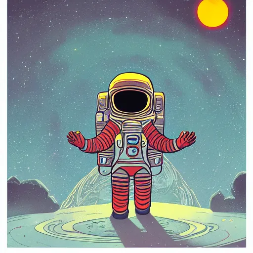 Image similar to glowing astronaut inspired by René Laloux, Dan Mumford, stars, cinematic