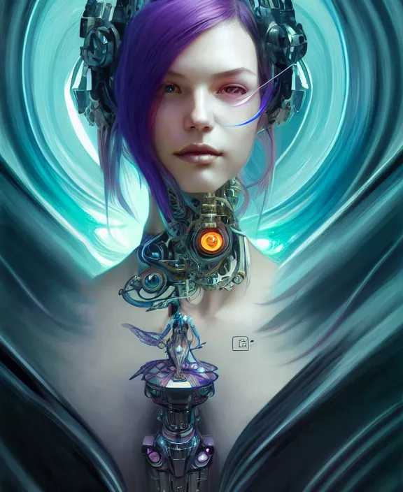 Image similar to whirlwind souls rushing inside metaverse, half body, tiara, robotic, android, cyborg, cyberpunk face, by loish, d & d, fantasy, intricate, elegant, highly detailed, colorful, vivid color, digital painting, artstation, concept art, art by artgerm and greg rutkowski and alphonse mucha and ruan jia