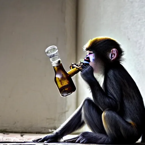 Prompt: a monkey with six legs smoking bong in dark corner