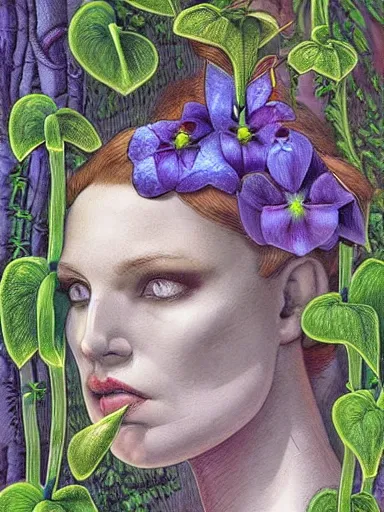 Image similar to The Hanging-Gardens of Pareidolia, lobelia, ivy, verbena and pothos growing facial features and optical-illusions, aesthetic!!!!!!!!!!!!!!!!, by Chris Tulloch McCabe in the style of Gerald Brom,