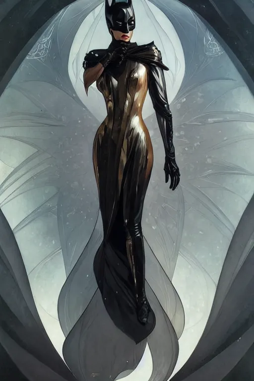 Image similar to elegant flowing batman aeon flux gown profile picture by greg rutkowski, dynamic pose, intricate, futuristic, fantasy, elegant, by stanley artgerm lau, greg rutkowski, thomas kindkade, alphonse mucha, loish, thierry mugler, norman rockwell,