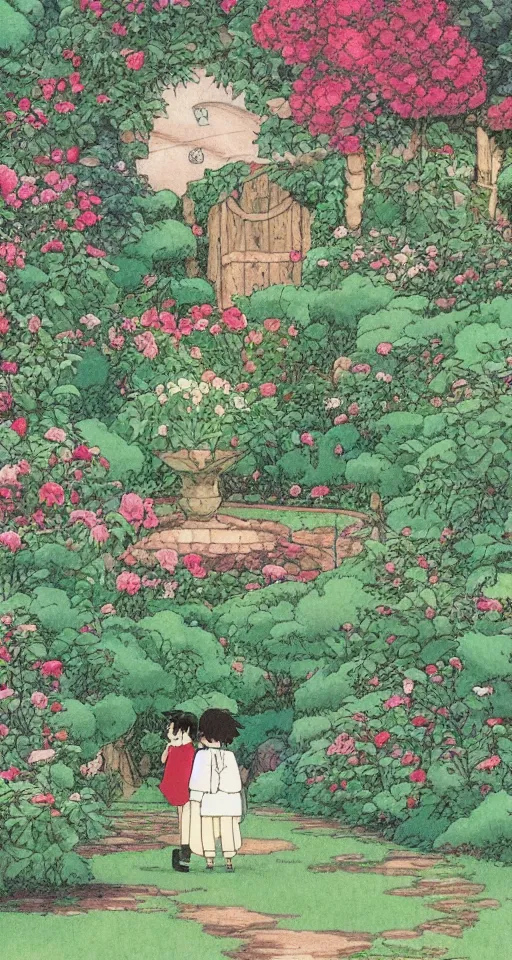 Prompt: studio ghibli rose garden by hayao miyazaki