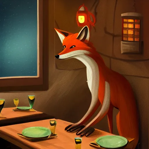 Image similar to humanoid fox detective in an evil restaurant. dark, gothic, moonlight through window. fine art, masterpiece digital painting, 4 k