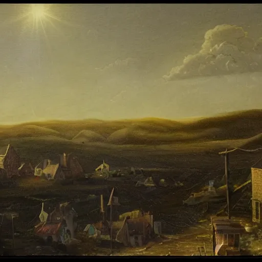 Image similar to dark solar eclipse, above a village, highly detailed, studio 4 k quality, by walter percy day