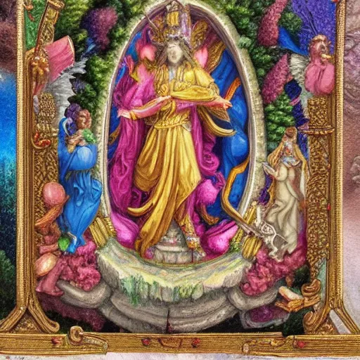 Image similar to photo of an intricately detailed representation of a accurate divine heavenly throne on a road of brilliant gemstone surround by epic angels. Colored graphite blended with colored oils miniature on vellum.