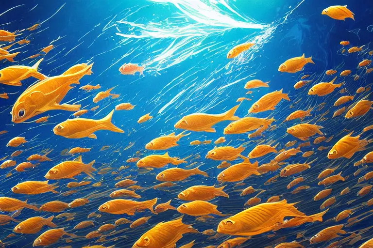 Image similar to portrait of goldfishes swarming the ocean. shadow and light. rays of light. energetic, dynamic, lively, detailed, intricate, complex. fine art by hayao miyazaki, akita toriyama, and makoto shinkai.