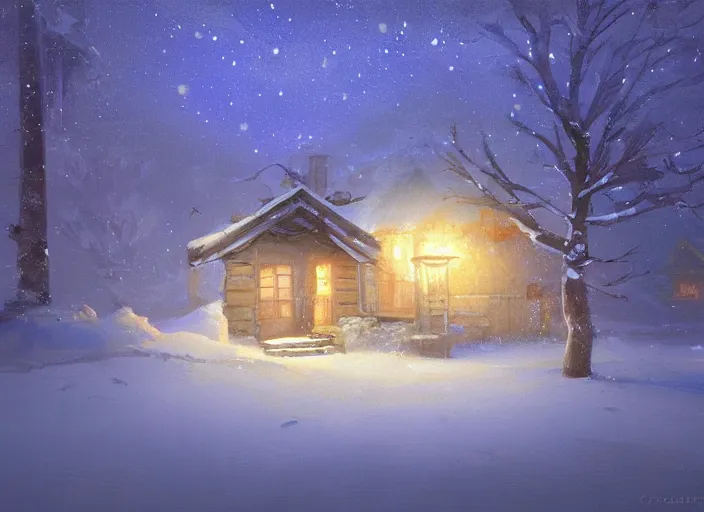 Image similar to snow - covered small house, night, stars in the sky, the milky way in the sky, winter landscape, painting by craig mullins, octane rendering, wide angle lens, in the style of hayao miyazaki, trending on artstation,