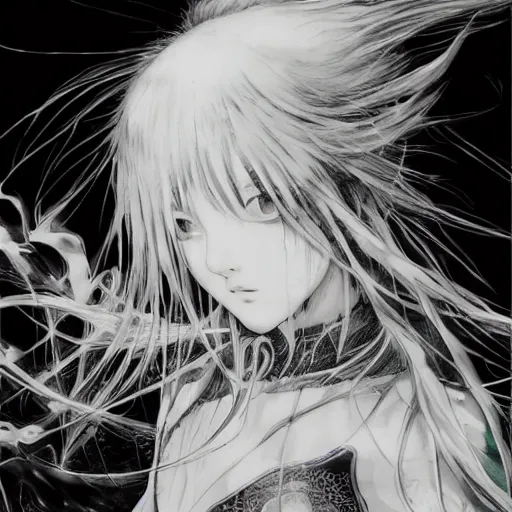 Prompt: Yoshitaka Amano blurred and dreamy illustration of an anime girl with a pirate eye patch, wavy white hair and cracks on her face wearing Elden ring armour with the cape fluttering in the wind, closeup shot, abstract black and white patterns on the background, noisy film grain effect, highly detailed, Renaissance oil painting, weird portrait angle