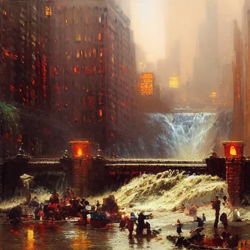 Image similar to waterfall flooding the city of new york. highly detailed painting by gaston bussiere, craig mullins, j. c. leyendecker