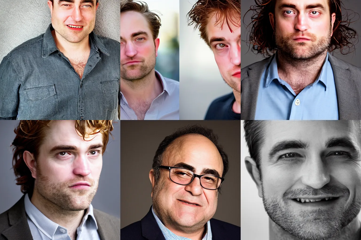 Prompt: closeup headshot photo of the man in his 40s who is the combination of Robert Pattinson and Danny DeVito