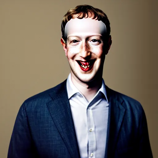 Prompt: a full portrait of evil grinning mark zuckerberg with pale skin and bloodshot eyes and blood flowing from his eyes over his cheeks f / 2 2, 3 5 mm, 2 7 0 0 k, lighting, perfect faces, award winning photography.