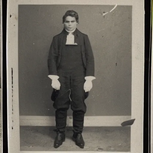 Image similar to ronald mcdonald booking photo, arrest, 1800s