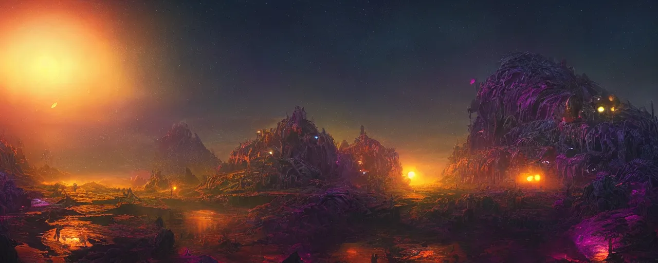 Image similar to ” otherwordly landscape at night, [ bioluminescense, cinematic, detailed, epic, widescreen, opening, establishing, mattepainting, photorealistic, realistic textures, octane render, art by slop and paul lehr ] ”