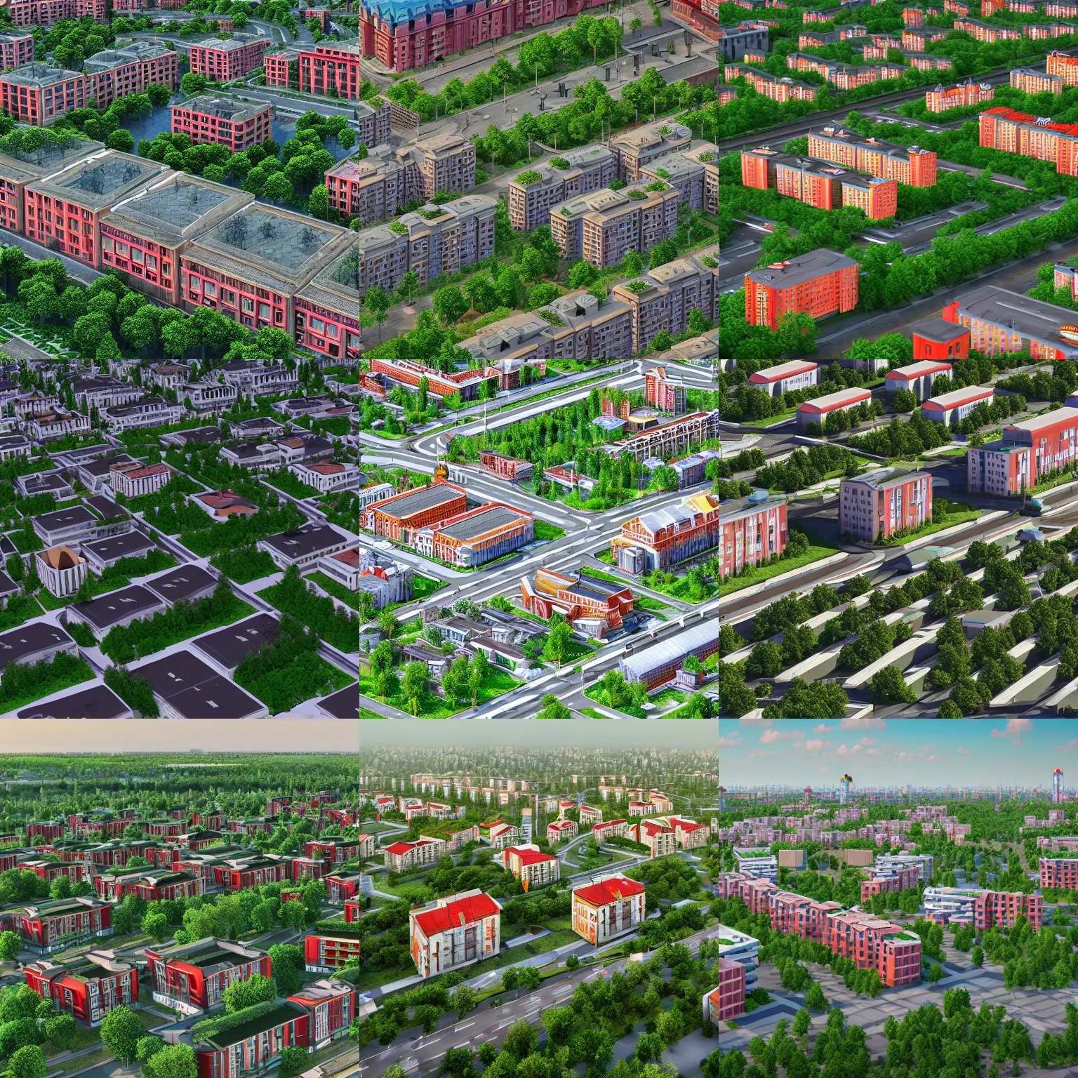 Prompt: 3D rendering of a magical Soviet town, mass housing, Soviet five-story panel buildings, lush vegetation in the center, street photography. High detail, ultra realistic render, octane, photorealism, symmetric, cinematic