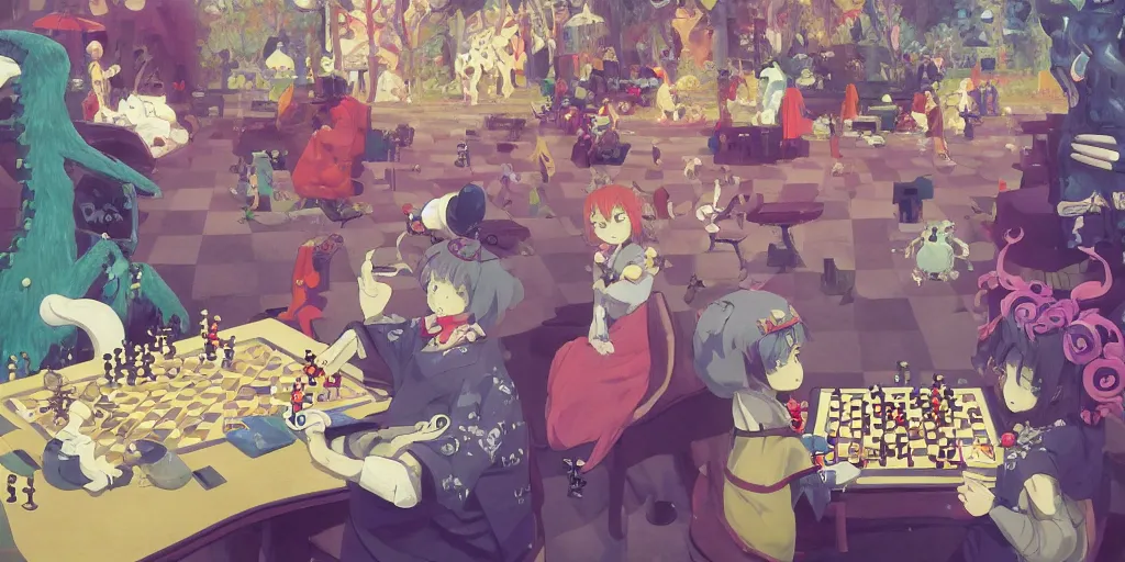 Prompt: cute anime monsters playing chess by Klimt and Goro Fujita and Simon Stalenhag and Kandinsky and Magritte, 8k, trending on artstation, hyper detailed, cinematic