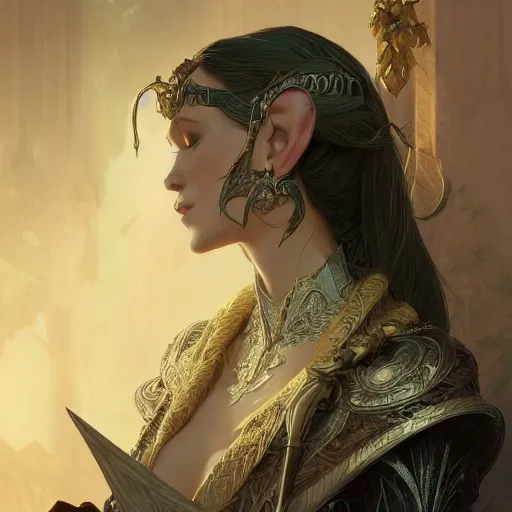 Image similar to full portrait of an elder elegant high elf , D&D, fantasy, intricate, cinematic lighting, highly detailed, digital painting, artstation, concept art, smooth, sharp focus, illustration, art by Terry Moore and Greg Rutkowski and Alphonse Mucha