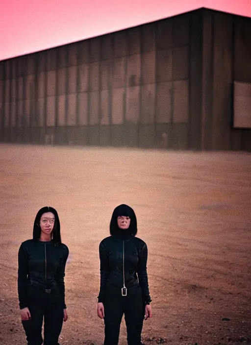 Image similar to cinestill 5 0 d photographic portrait of two loving female androids wearing rugged black techwear on a desolate plain with a red sky, extreme closeup, lizard on ground, cyberpunk style, in front of a brutalist dark metal facility, dust storm, 3 5 mm, 8 k, hd, high resolution, f / 3 2, ultra realistic faces