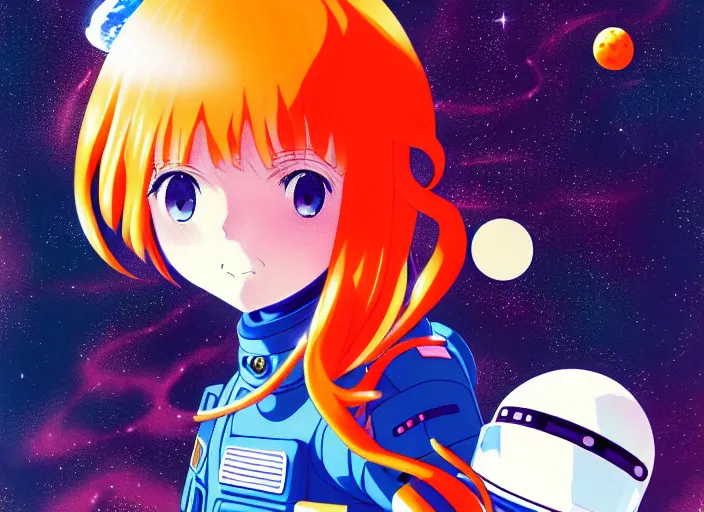 Image similar to anime portrait of a young astronaut girl floating inside a spacestation flowing orange hair no helmet, Karolis Strautniekas,omoide emanon, tsuruta kenji, murata range,kawaii, kyoto animation, manga, intricate, detailed, studio lighting, gradation,editorial illustration, matte print, Ilya Kuvshinov