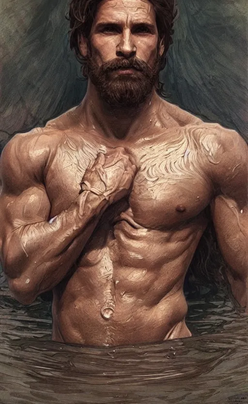 Image similar to portrait of the god of the lake, 30 years old, rugged, male, gorgeous, detailed face, amazing, thighs!!!!!!, muscular, intricate, highly detailed, digital painting, artstation, concept art, sharp focus, illustration, art by greg rutkowski and alphonse mucha