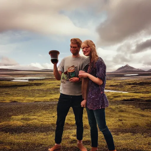 Image similar to a highly detailed portrait of a young couple from the side, holding a tin can, renote icelandic village, summer, blonde hair, muted colors, joy, trending on artstation,