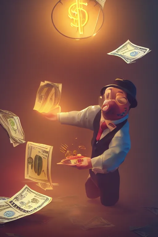 Prompt: a dynamic digital painting and illustration of buzy waiter getting stack of dollars, rendered in octane, cgsociety, artstation, cinematic lighting, 4K, very intricate, HDR