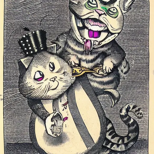 Image similar to cheshire cat eating queen of hearts, leading cat rebellion in wonderland, detailed, by John Tenniel