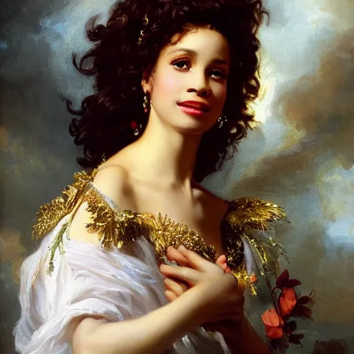 Image similar to Whitney Houston Goddess portrait, wings, luxuriant, dreamy, eternity, romantic, detailed intricate elegant, in the style of Franz Xaver Winterhalter, highly detailed, in the style of Aetherpunk