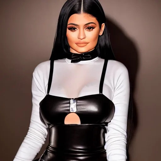 Image similar to kylie jenner in 2 b cosplaying maid outfit light cinematography photoshoot highly realistic