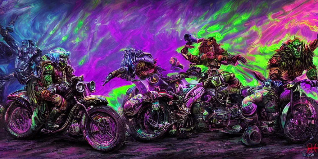 Prompt: psychedelic blacklight airbrush artwork, motorcycles, hyper stylized action shot of orcs in battle armor racing on motorcycles, menacing orcs, drifting, skidding, wheelie, clear focused details, soft airbrushed artwork, black background, post - apocalypse, cgsociety, artstation