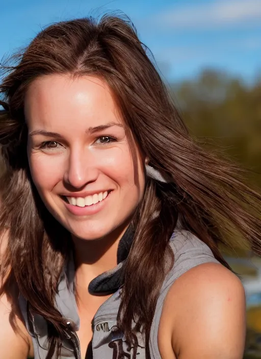 Prompt: a beautiful lara croft from minnesota, brunette, joyfully smiling at the camera opening her brown eyes. thinner face, irish genes, dark chocolate hair colour, wearing university of minneapolis coat, perfect nose, morning hour, plane light, portrait, minneapolis as background. healthy, athletic